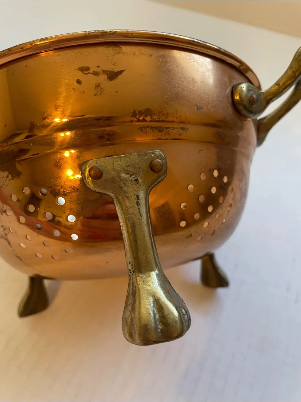 Vintage copper & brass berry colander with feet
